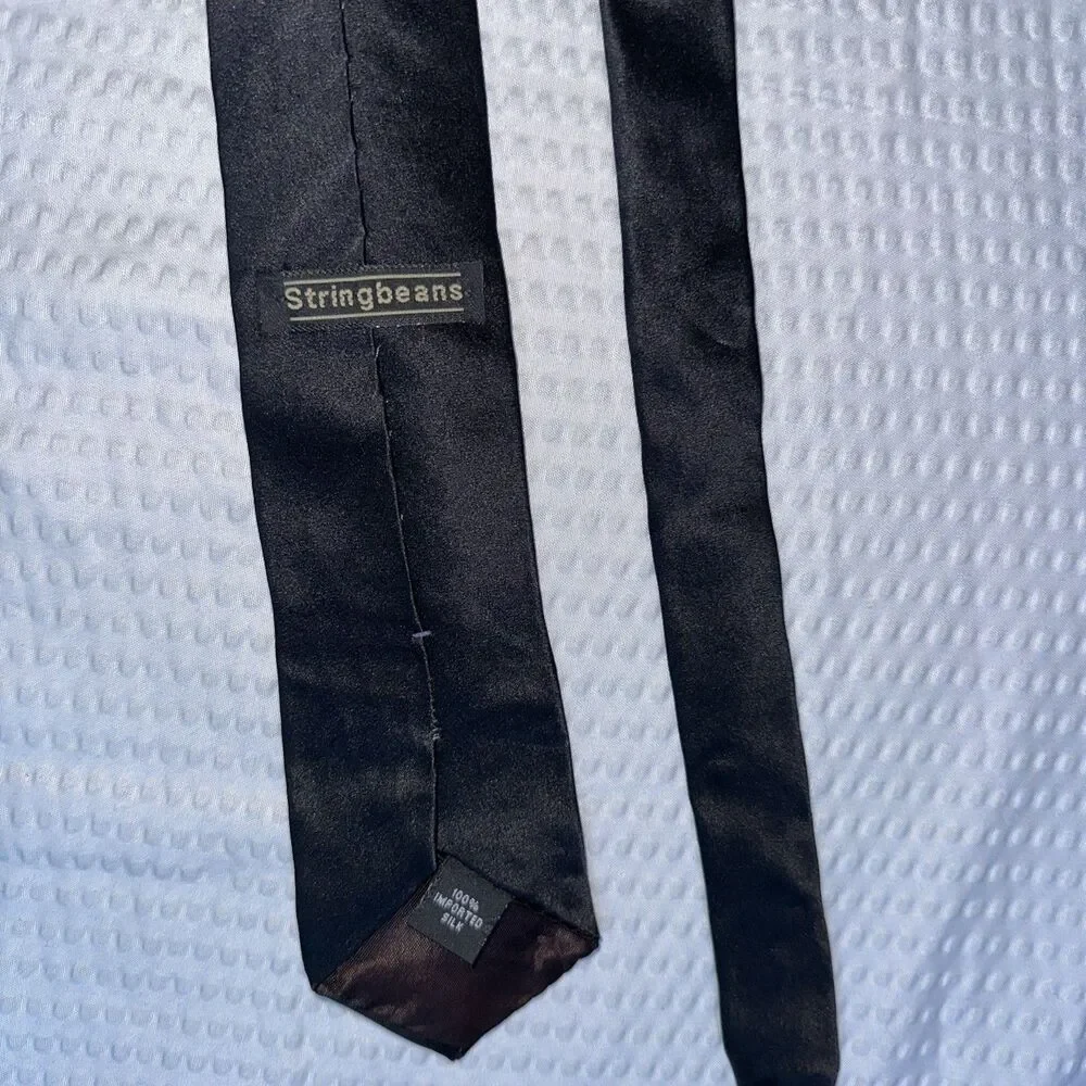 Stringbeans Necktie 2.5” X 56” Black Skinny Tie 100% silk With Hankerchief